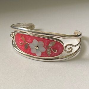 Vintage Alpaca Silver Mexico Floral Mother Of Pearl Inlay Cuff Bracelet
